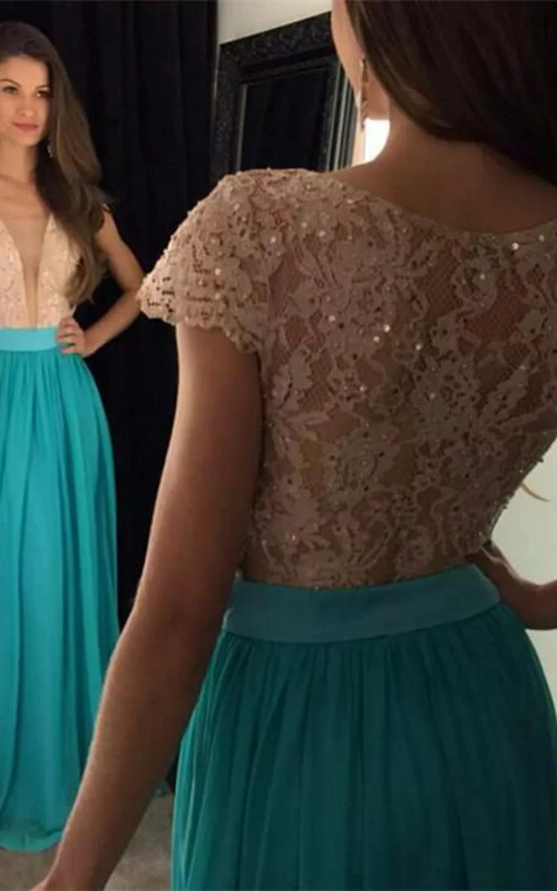 Neuestes Pailletten-Abendkleid aus Spitze mit V-Ausschnitt, kurzen Ärmeln und A-Linien-Schnitt
