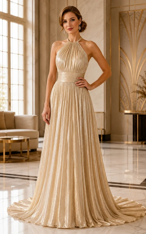Robe de soirée de luxe en satin doré, plissée, à col montant et traîne, ornée de plis et de décolleté dos nu.