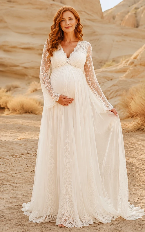 Robe de mariée romantique en mousseline de soie à col en V, manches longues en dentelle et coupe trapèze, dos nu, pour maternité