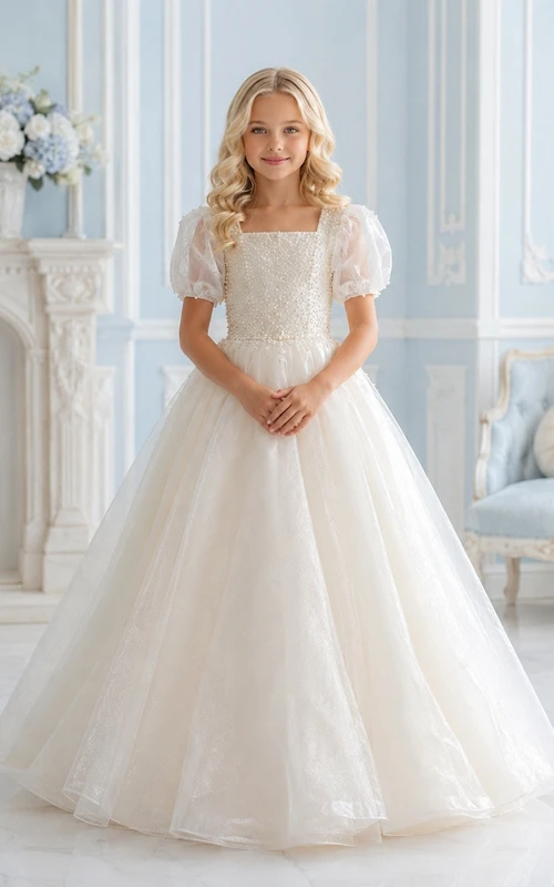 Modest White Square Neck Puff Sleeve Tulle Ball Gown Flowergirl Dress