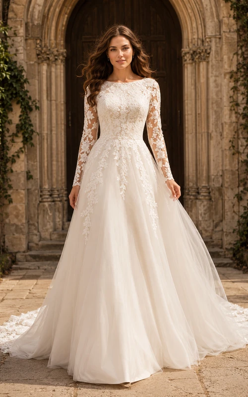 Robe de mariée trapèze à manches en dentelle florale recouverte, style chapelle