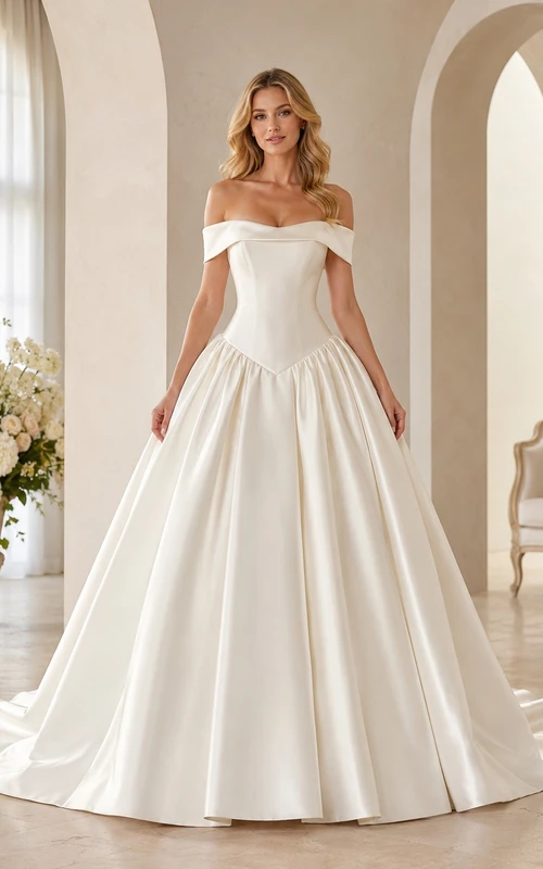 Vestido de novia de satén estilo princesa con hombros descubiertos y cintura baja