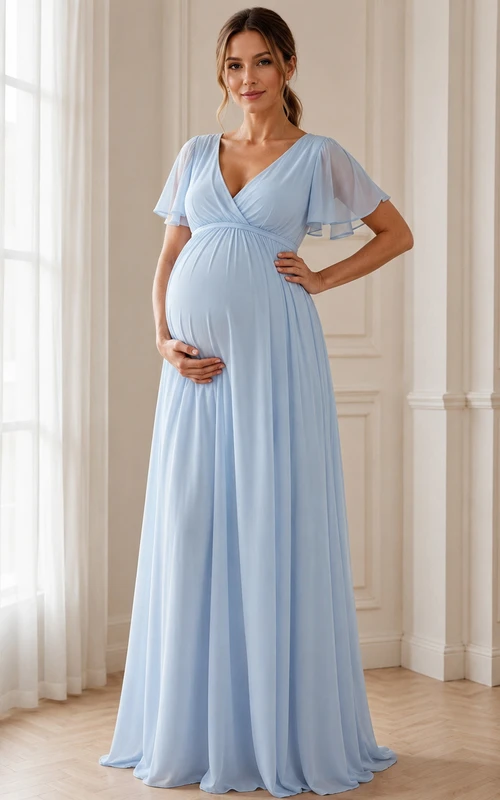 Robe longue de maternité bleu ciel en mousseline, col V, manches papillon doubles, style portefeuille, à col en V.