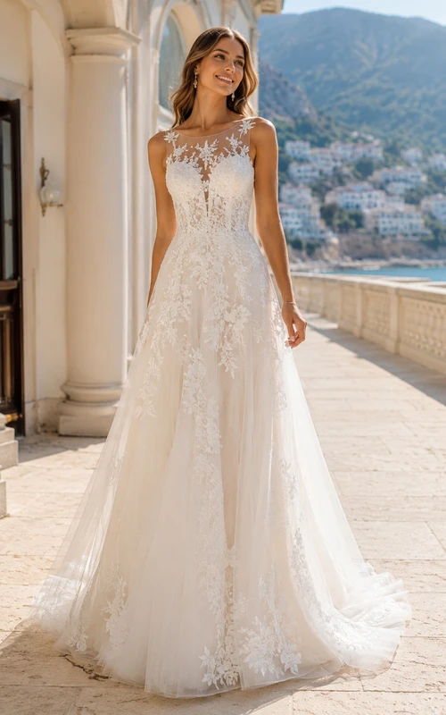 Robe de mariée trapèze en tulle illusion ivoire avec dentelle
