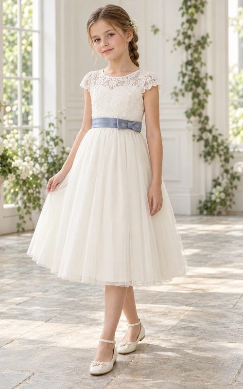 Tea-length Ivory A-line Lace Tulle Cap-sleeve Blue-sash Illusion Flower Girl Dress