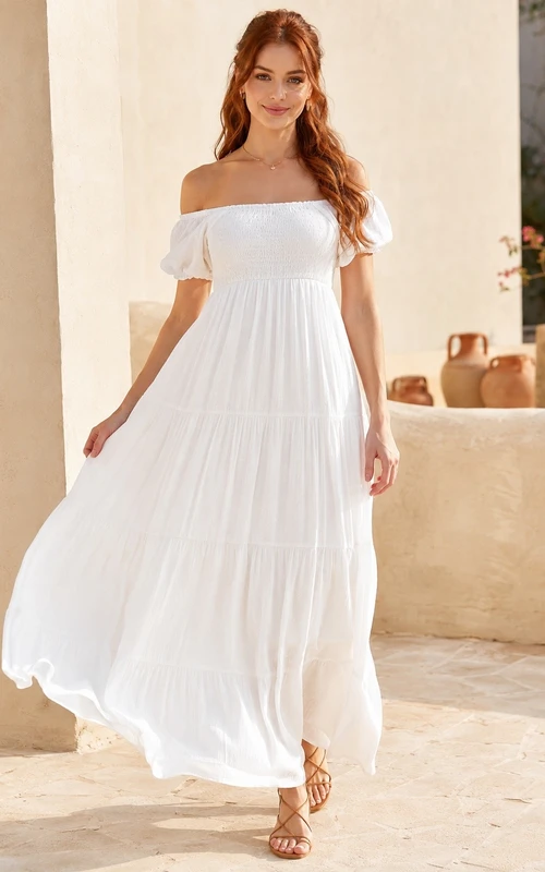 White Chiffon Off-the-Shoulder Short-Sleeve A-Line Tea-Length Bohemian Dress