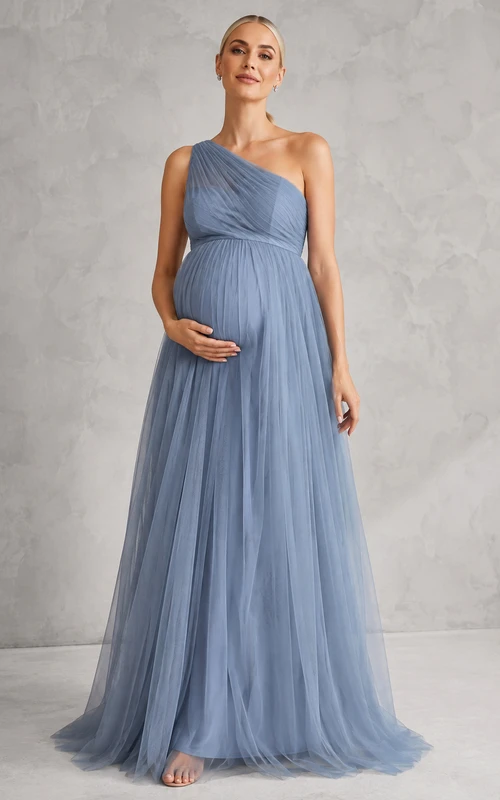Elegante vestido de maternidad largo hasta el suelo, de tul plisado azul acero con un solo hombro, corte imperio.