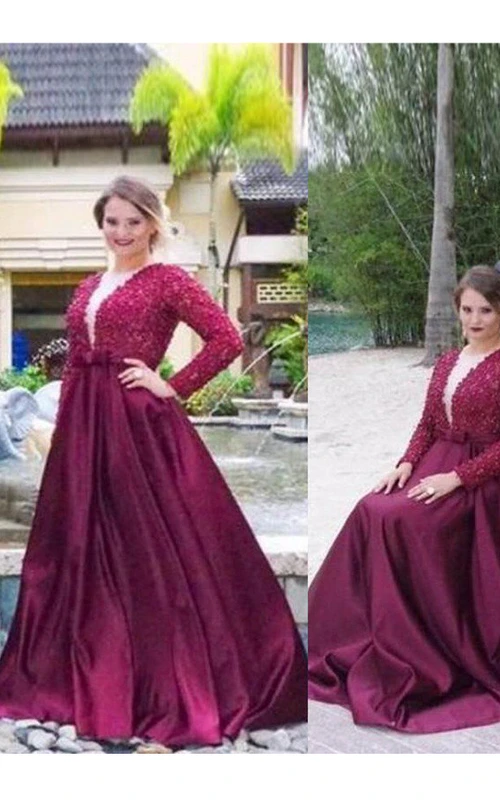A-Linien-Kleid aus Satinspitze mit V-Ausschnitt, langen Ärmeln, Reißverschluss und tiefem V-Ausschnitt am Rücken