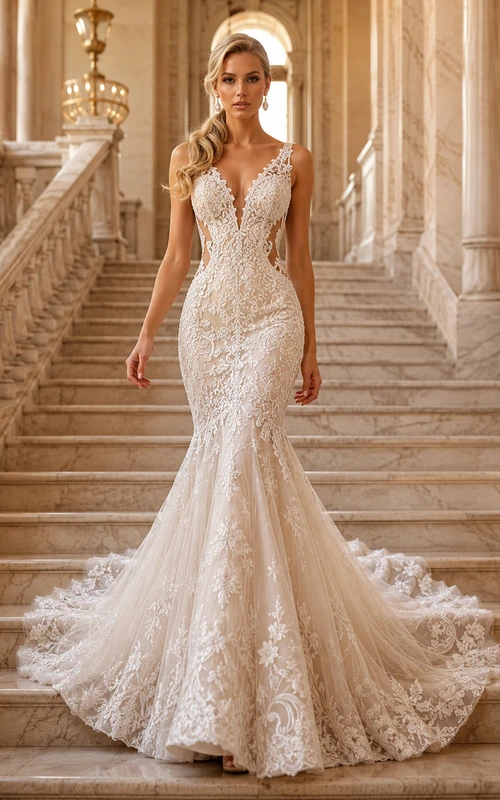 Robe de mariée sirène en dentelle florale à col en V spaghetti et traîne cathédrale de luxe