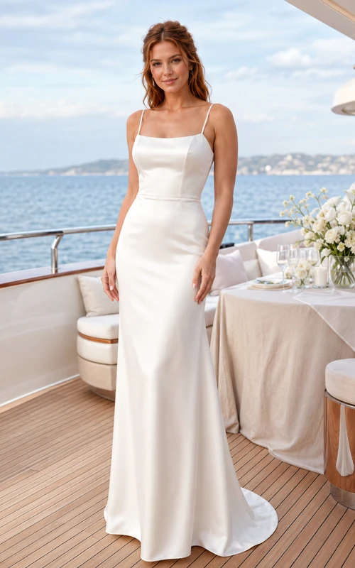 Beach Satin Wedding Dress Mermaid Square Neck Sleeveless Sweep Train Bridal Gown