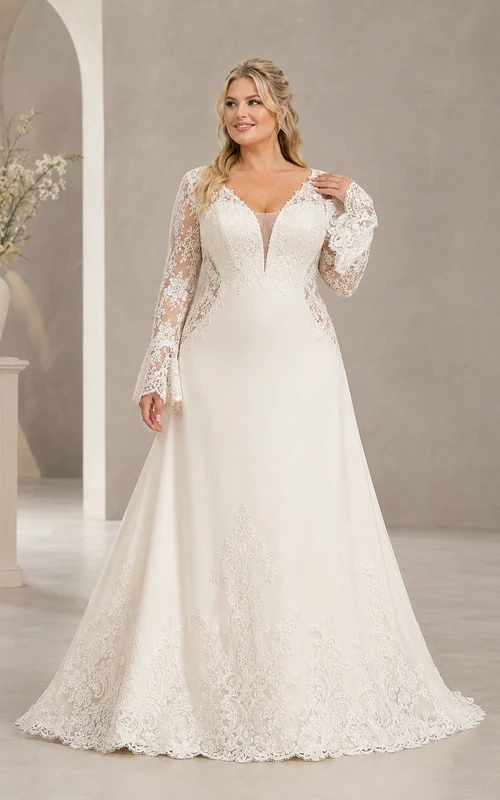 Schlichtes, langärmeliges Brautkleid in A-Linie mit Spitze in großen Größen, V-Ausschnitt und Spitzenbesatz.