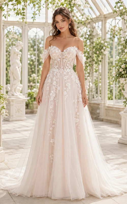 Brautkleid aus Tüll, A-Linie, schulterfrei, kurze Ärmel, Kapellenschleppe, florale Applikationen