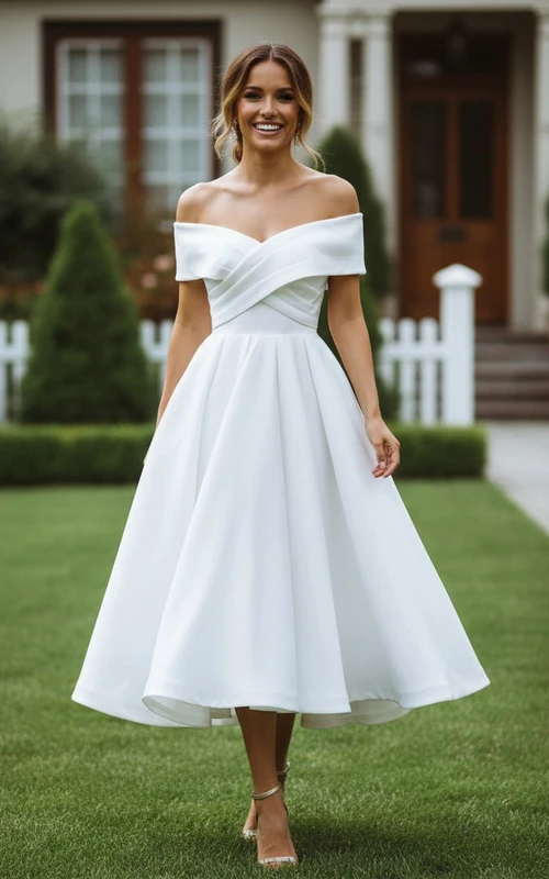 Vestido de novia midi de satén con hombros descubiertos, largo hasta la rodilla.