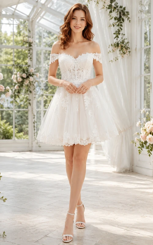 Vestido de novia romántico corto con escote corazón, encaje y tul, ideal para una escapada romántica al jardín.
