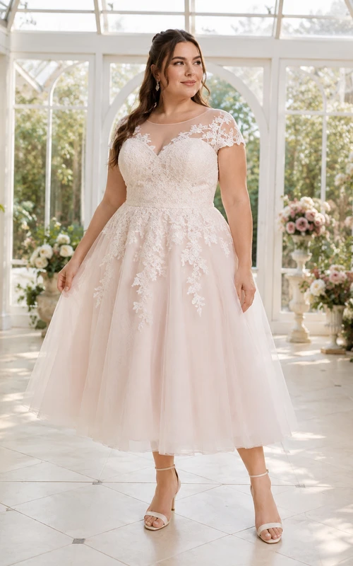 Lace Applique Tea-Length Wedding Dress