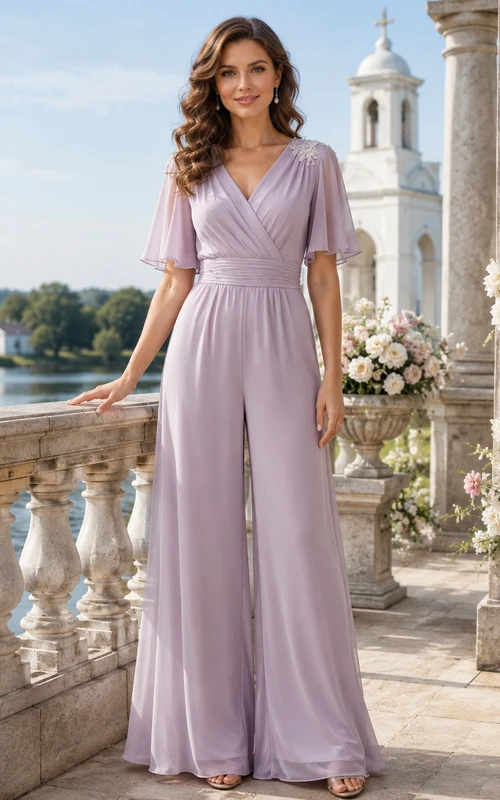 Lavendelfarbener Wickel-Jumpsuit aus Chiffon mit V-Ausschnitt, kurzen Ärmeln und weitem Bein – ideal zur Taufe