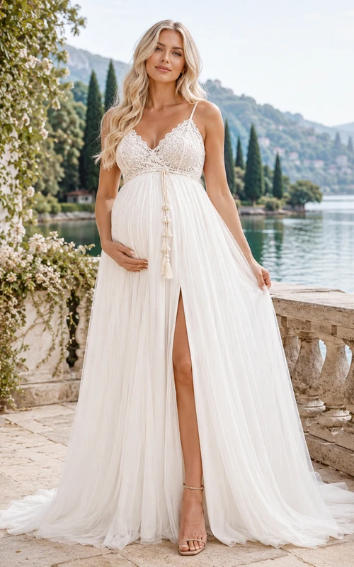 Robe de mariée de maternité fendue sur le thème du lac, à bretelles spaghetti et corsage en dentelle, style bord de lac