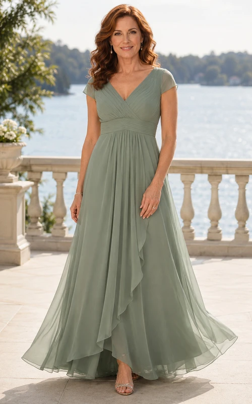 Sage V-Neck Chiffon A-Line Mother Dress with Side Ruffle