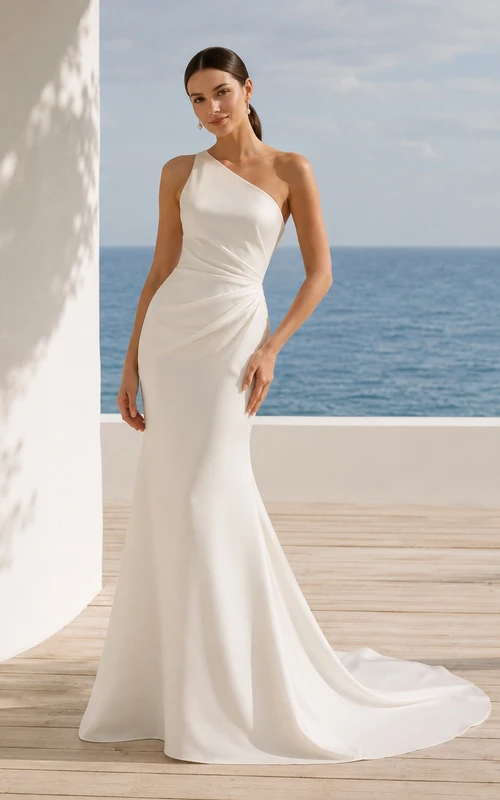 Vestido de novia sencillo y elegante de un solo hombro, estilo tubo.
