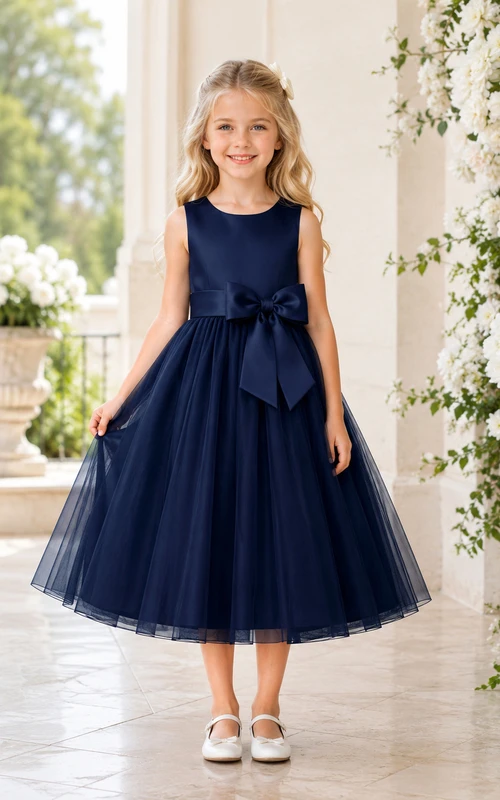Schlichtes A-Linien-Kleid aus Satin mit Schleife, Rundhalsausschnitt, wadenlangem Rock und Schleifendetail.