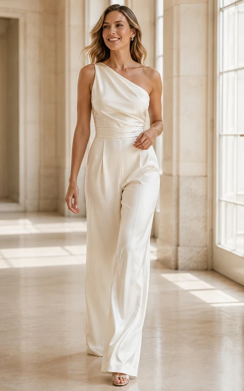 Elegant Second Look Satin One Shoulder Draped Wide Leg Wedding Jumpsuit