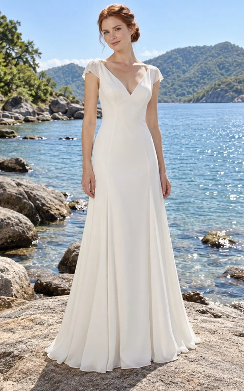 Vestido de novia sencillo de gasa con escote en V, mangas cortas y espalda descubierta.