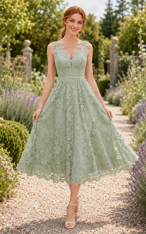 Robe d'invitée de jardin vert sauge sans manches en dentelle, longueur thé, coupe trapèze, en dentelle.