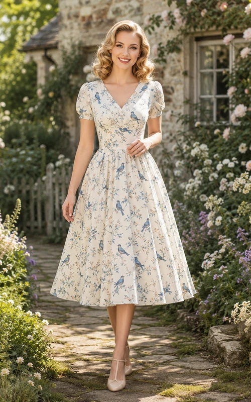 Vintage Bird Print V-Neck Short Sleeve A-Line Tea Dress
