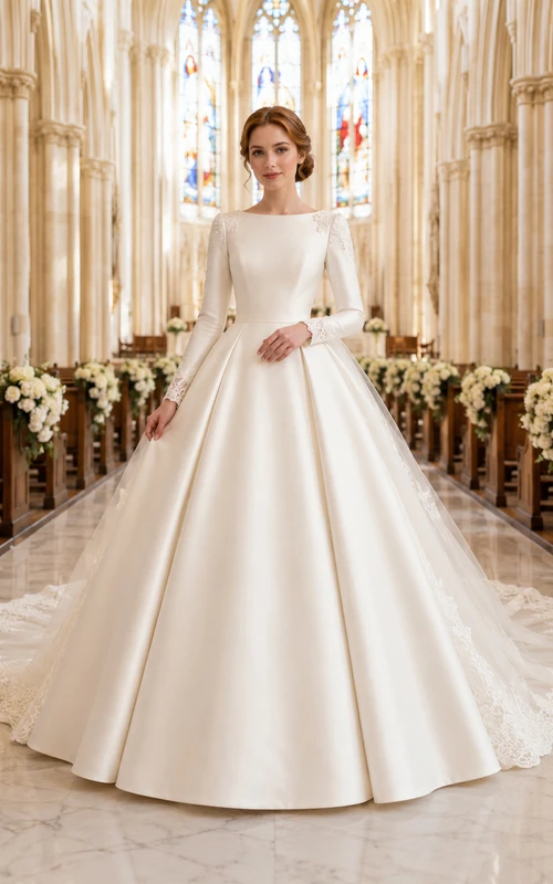 Vestido de novia de gala de satén de manga larga y estilo modesto, estilo catedral.