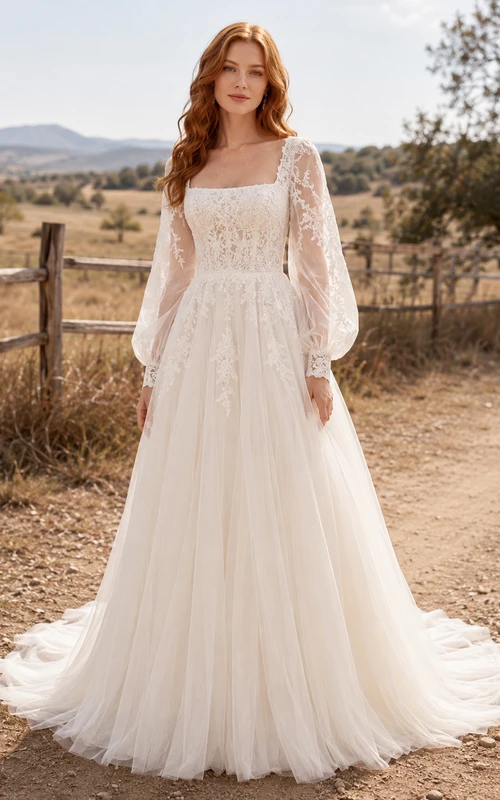 Vestido de novia de tul y encaje campestre, corte en A, escote cuadrado, manga larga, cola de capilla.