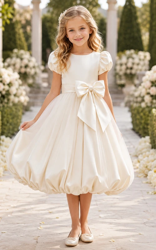 Vestido de niña de flores de satén color marfil con bajo abullonado, corte en A, manga corta, cuello redondo, largo hasta la rodilla, ideal para ceremonias en el jardín.