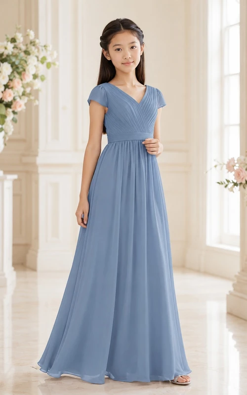 Stahlblaues Brautjungfernkleid für junge Damen, A-Linie, V-Ausschnitt, kurze Ärmel, romantisch