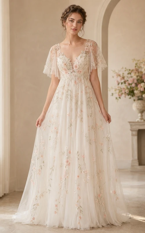 Vestido de novia romántico de encaje floral, corte en A, largo hasta el suelo, escote en V y mangas con pétalos.