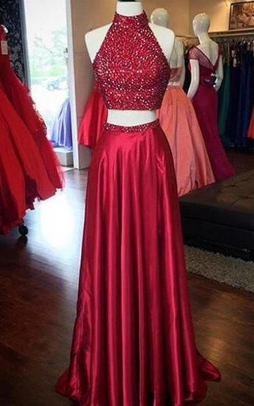 Robe trapèze deux pièces en satin à sequins et col montant sans manches avec fermeture éclair