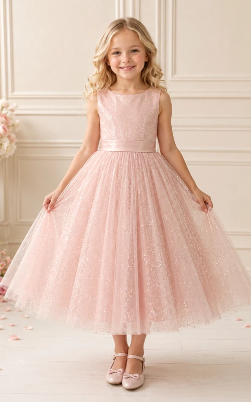 Adorable robe de demoiselle d'honneur mi-longue en tulle à paillettes rose poudré sans manches, idéale pour une garden-party.