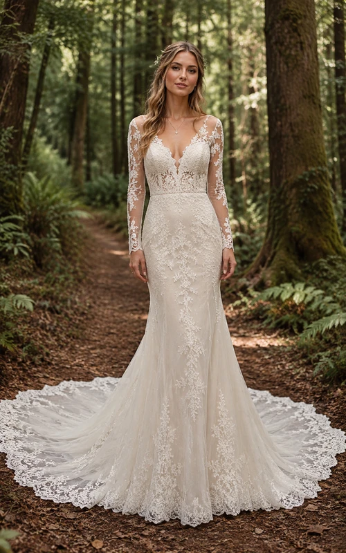Vestido de novia de encaje estilo sirena con escote en V, mangas largas, espalda baja y cola de capilla.