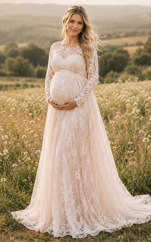 Vestido de novia premamá de manga larga, encaje, corte en A, estilo campestre, con corpiño ilusión y cola.