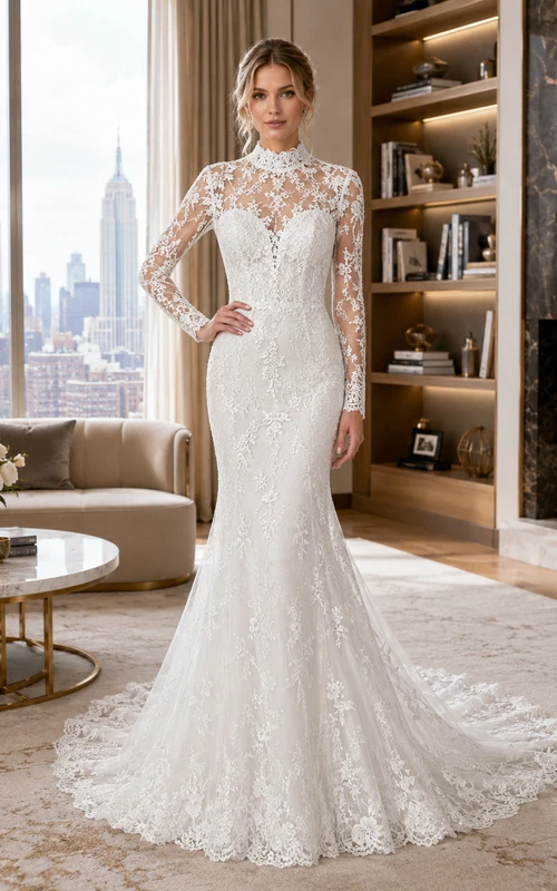 Modest Lace Tulle Wedding Dress Mermaid Jewel Neck Long Sleeve Chapel Train Bridal Gown