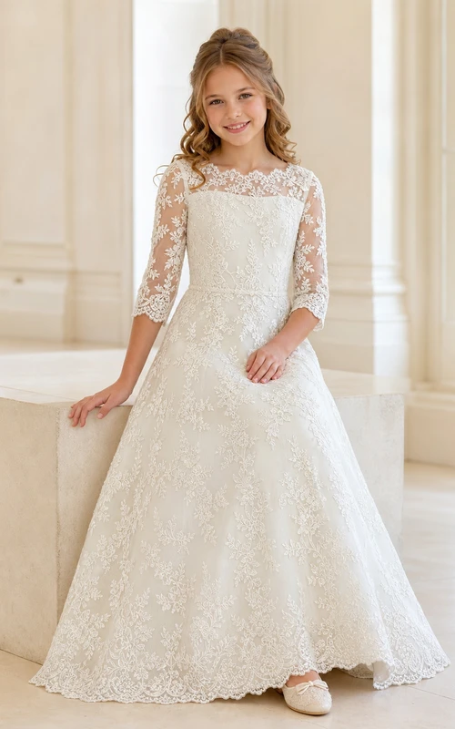 Romantic Flower Girl Floor-length A-Line Bateau Lace Sleeve Dress