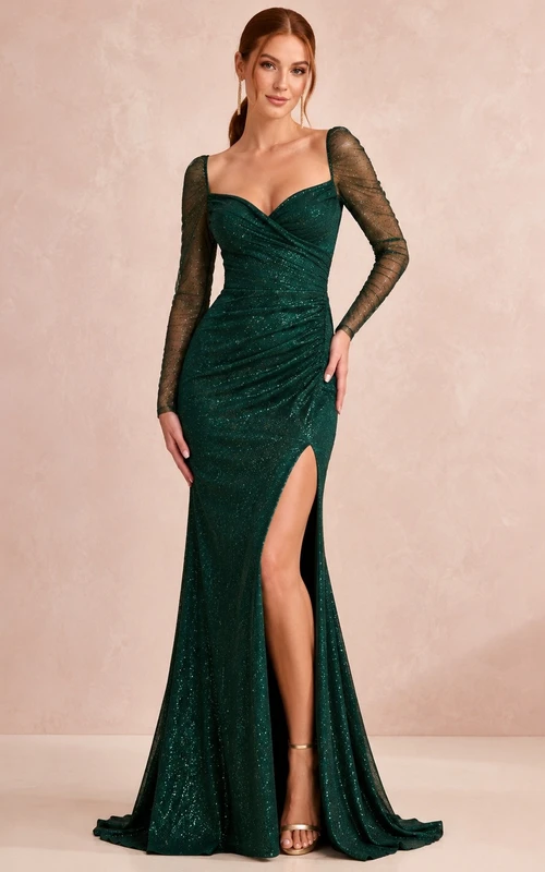 Dark Green Illusion Long Sleeve Sweetheart Slit Mermaid Dress