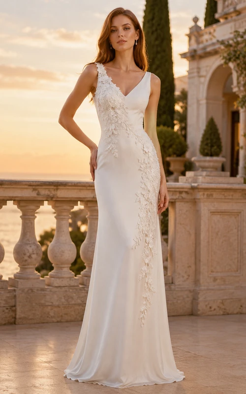 Abendkleid aus elfenbeinfarbenem Satin und Spitze, Etuikleid mit V-Ausschnitt, ärmellos und Schleppe