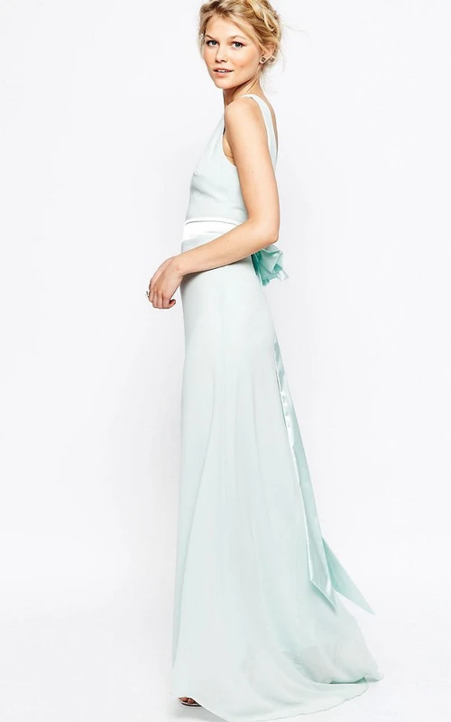 Ankle-Length Sheath Sleeveless Bateau Neck Bowed Chiffon Bridesmaid Dress