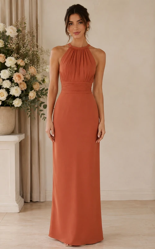 Vestido de dama de honor de satén de cuello alto color papaya