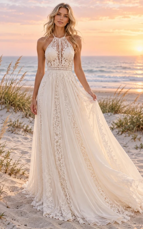 Boho Halter Geometric Lace Chiffon A-line Train Wedding Dress