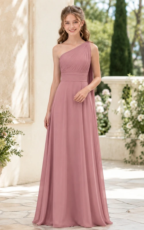 Vestido de dama de honor juvenil color rosa empolvado, corte en A, un solo hombro, sin mangas.