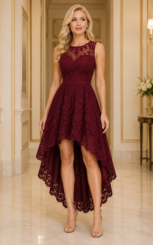 Vestido de cóctel de encaje burdeos con corte asimétrico, escote ilusión y bajo festoneado.