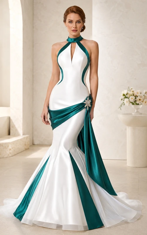 Modernes Brautkleid im Meerjungfrauenstil mit Pfauenmotiv, Neckholder, Satin-Drapierung und Kristallbesatz