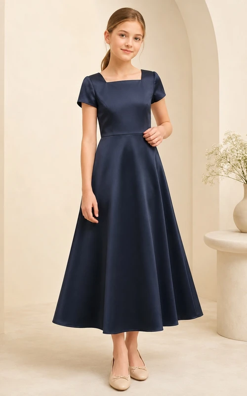 Dunkelblaues Brautjungfernkleid für junge Mädchen, A-Linie, eckige kurze Ärmel, Satin, elegant