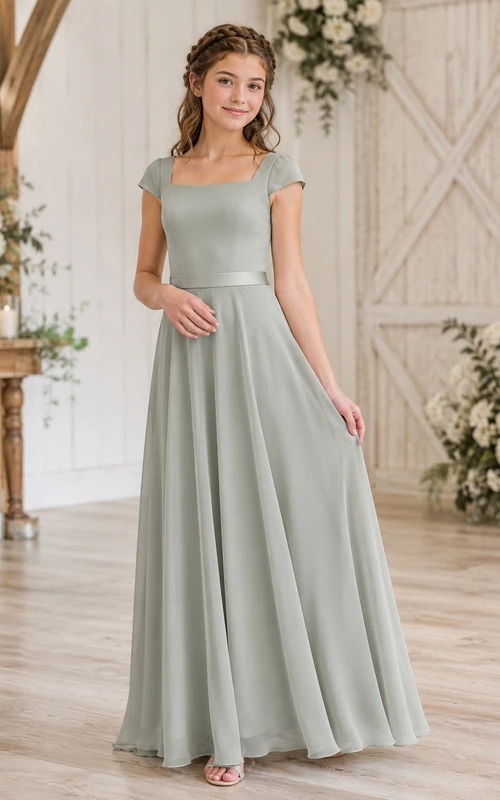 Vestido de dama de honor juvenil color verde celadón plateado, corte en A, manga corta, elegante y formal.