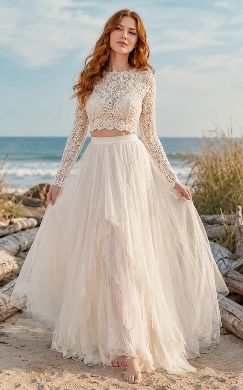 Beach Lace Tulle Wedding Dress Two Piece Jewel Neck Long Sleeve Sweep Train Bridal Gown